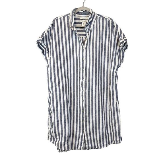 Rachel Zoe Linen Shirt Dress Blue Stripe Button Front, Size 1X Coastal Casual - Picture 1 of 6